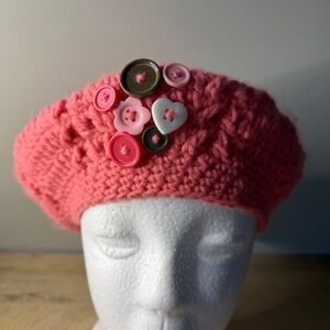OshKosh B'Gosh Pink Crochet Knit Beret French Style Button Heart Flower Girl Hat